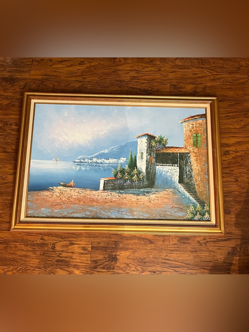 Vtg Mediterranean Oil Painting of Coastal Scene e/ Stone Blagg’s.